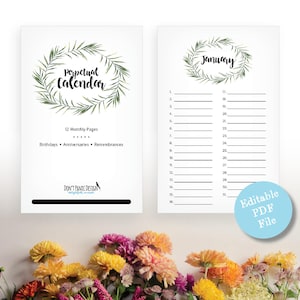 Printable Leaf Perpetual Calendar, Editable Birthday Calendar, Anniversary Calendar, Green Leaf Wreath Eternal Planner, Instant Download PDF