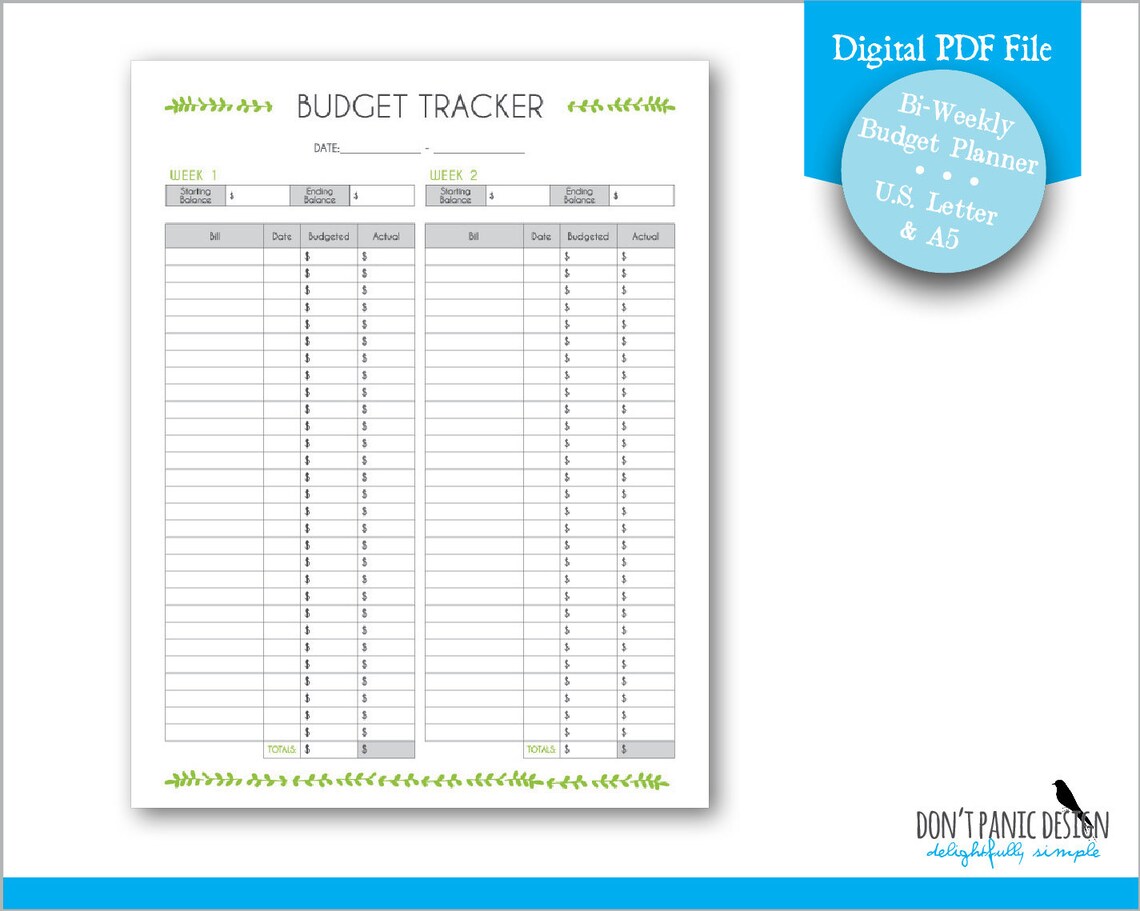 Printable budget tracker green leaf home bi weekly budget etsy