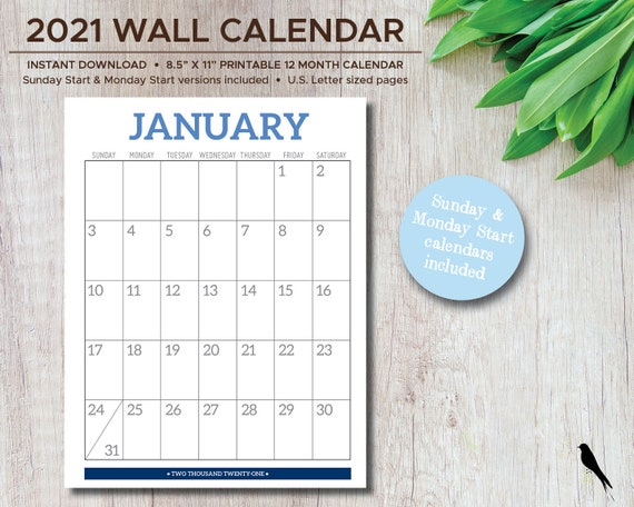 2021 Printable Monthly Wall Calendar Large Print Numbers Large Etsy