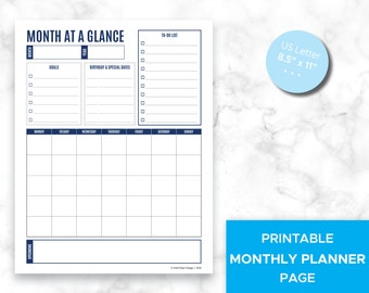 Minimalist Month At A Glance Planner, Goals and To-Do List (Printable PDF)