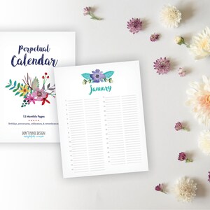 Printable Perpetual Calendar -  Full Page Watercolor Floral Birthday Calendar - Anniversary Calendar Eternal Planner - Instant Download PDF