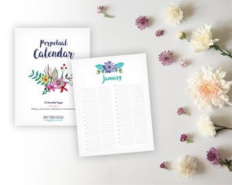 Printable Perpetual Calendar -  Full Page Watercolor Floral Birthday Calendar - Anniversary Calendar Eternal Planner - Instant Download PDF
