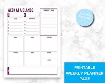 Week at a Glance Daily Planner Page, Digital Planner Page, Minimalist Planner with Goals, Appointment, Menu, and Daily sections