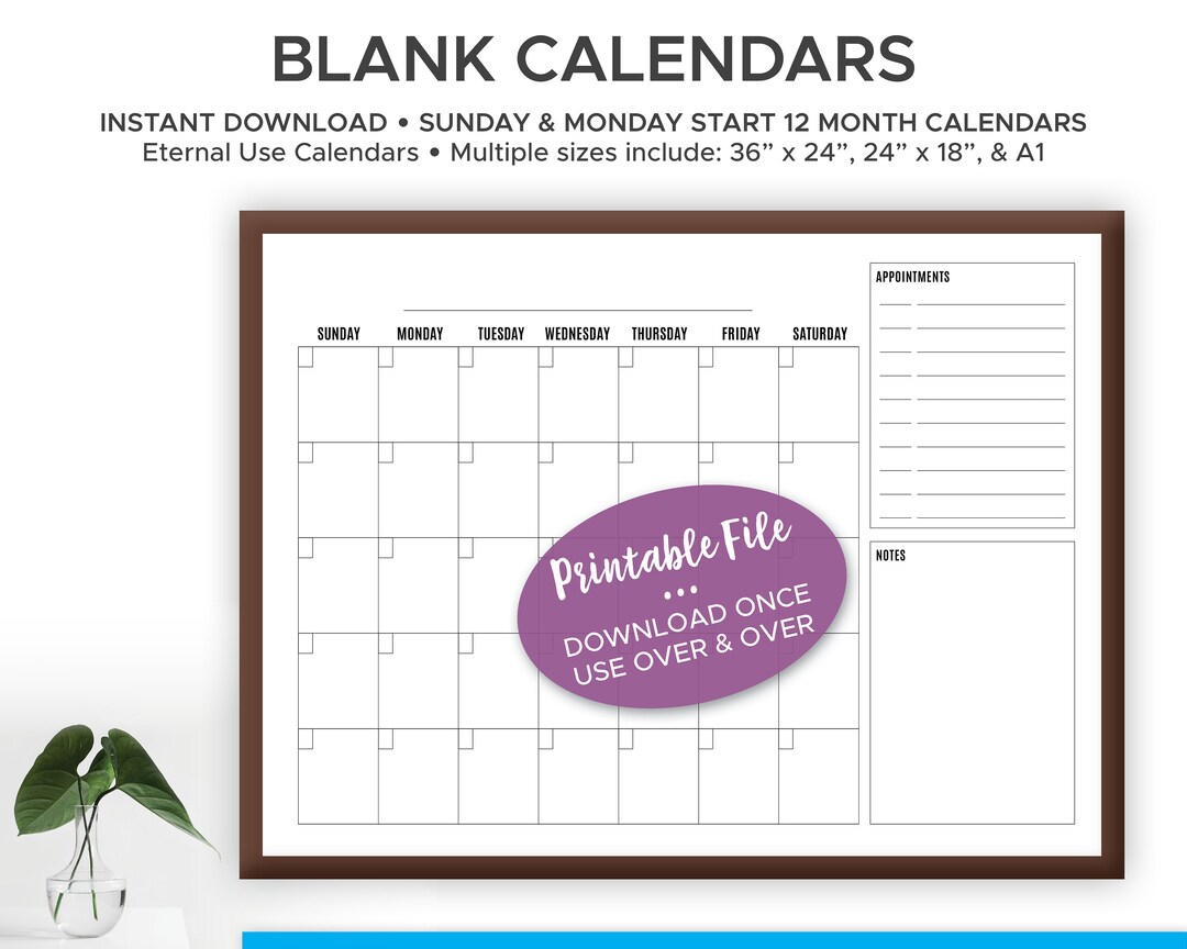 Large, Blank, Printable Wall Calendar, Perpetual Office Calendar ...