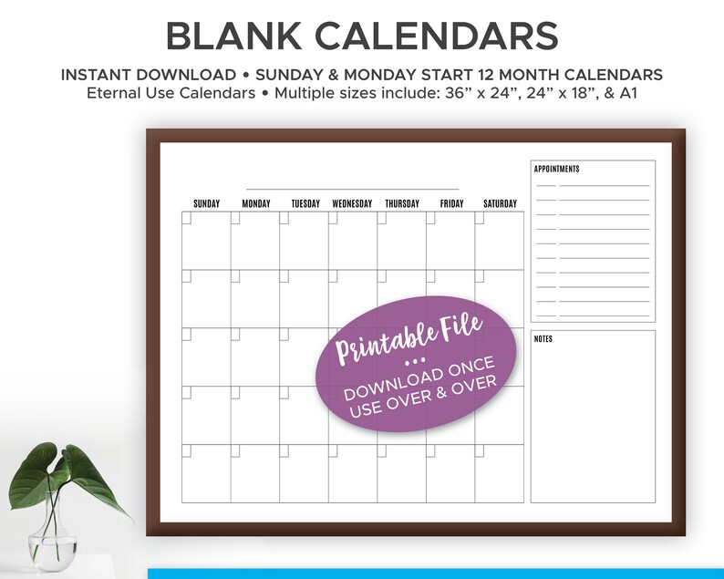 Large, Blank, Printable Wall Calendar, Perpetual Office Calendar ...