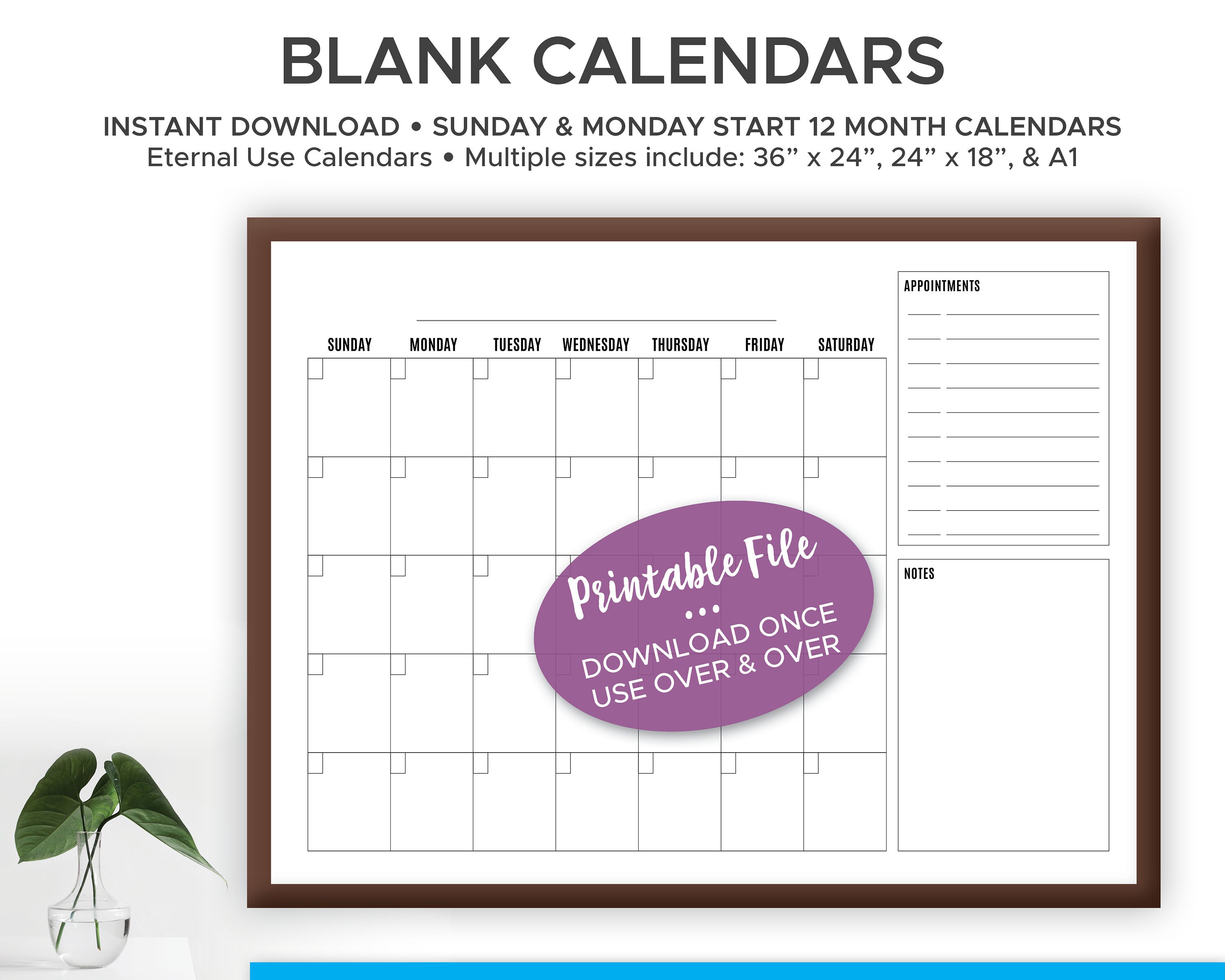 Large, Blank, Printable Wall Calendar, Perpetual Office Calendar, Appointment Calendar Family ...