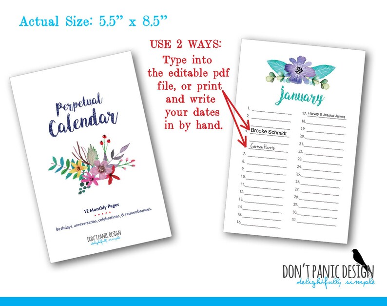 Watercolor Floral Perpetual Calendar – Editable Printable PDF - Etsy