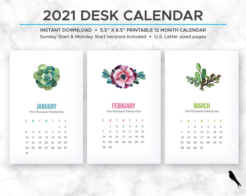 2021 Succulent Printable Monthly Calendar Succulent Desk | Etsy