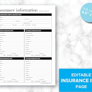 EDITABLE Insurance Information Page, Home Insurance, Car Insurance, Printable Home Management Pages - Organize Insurance Details page