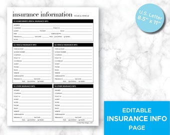 EDITABLE Insurance Information Page, Home Insurance, Car Insurance, Printable Home Management Pages - Organize Insurance Details page