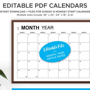Könnte beinhalten: Eine druckbare Kalender-Vorlage in einem braunen Rahmen. Der Kalender trägt den Titel "MONTH YEAR" und hat einen blauen Kreis mit dem Text "Editable File... MONTH, YEAR, DAYS & DATES".