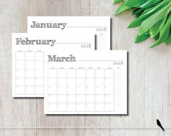 SALE 2018 Printable Wall Calendar - Simple Modern Rustic Font Monthly Notes Calendar Family Planner - Instant Download Calendar