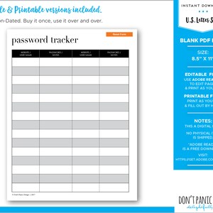 Printable Password Tracker, Minimalist, Editable, Password Keeper Organizing Sheet Office Organzing Home Organizing Instant Download image 2