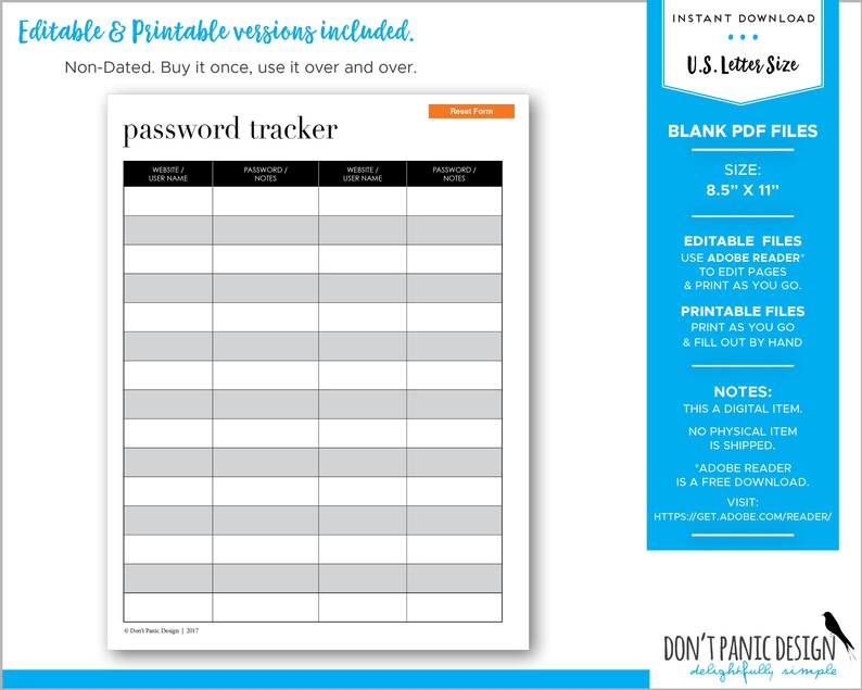 Printable Password Tracker, Minimalist, Editable, Password Keeper Organizing Sheet Office Organzing Home Organizing Instant Download image 2