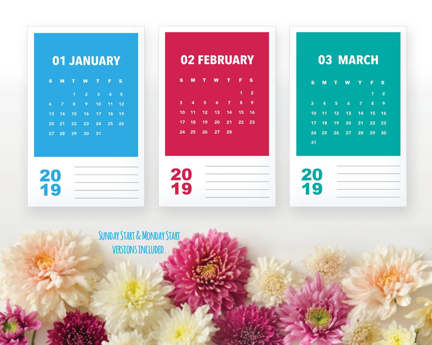 2019 Printable Monthly Calendar Modern Rainbow Color Block Etsy