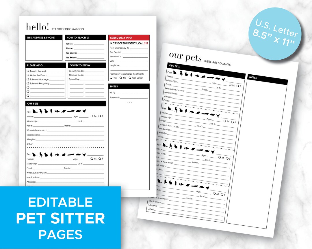 Pet Sitting PDF, Printable, Editable PDF, Pet Sitter Pages for ...