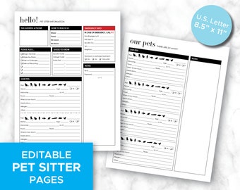 Editable Pet Sitter Information PDF, Printable Pet Care Pages