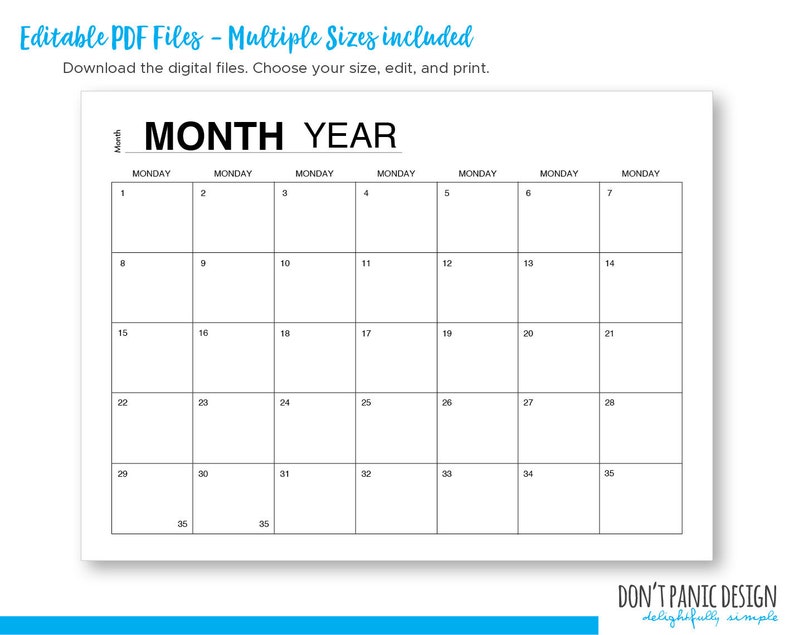 Printable Editable Large Nondated Wall Calendar Editable Etsy