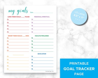 Printable Goal Planner, fun colorful, for Long Term, Short Term, Personal Goals, Health Goals, Education Goals, Printable planner page