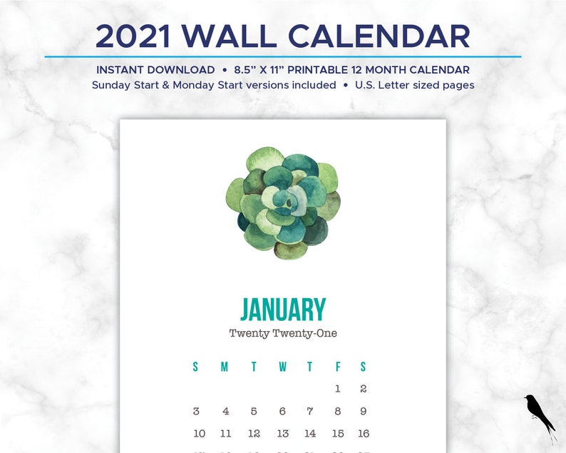 2021 Printable Calendar Fun Succulent Wall Calendar Home ...