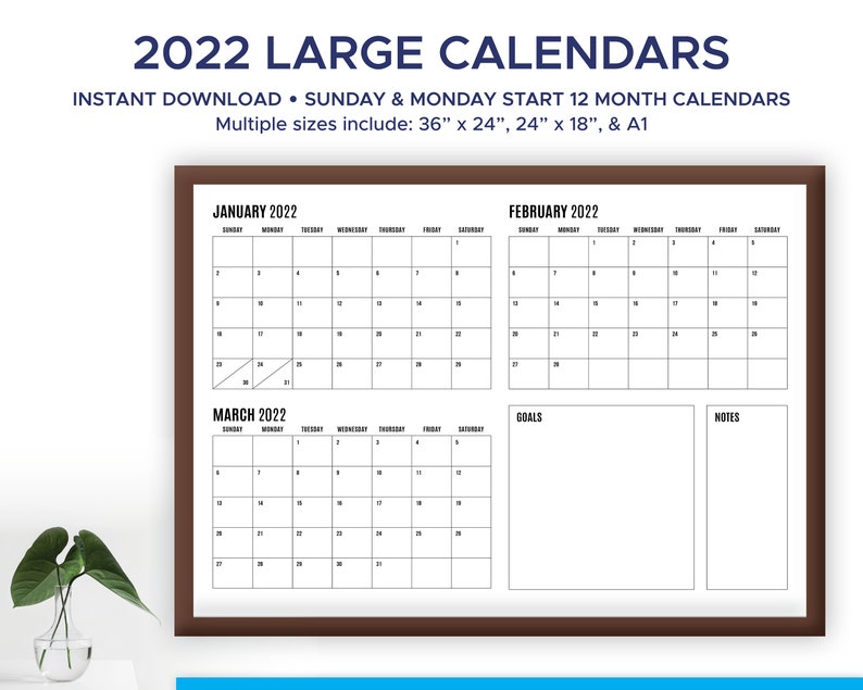 2022 printable modern large format quarterly wall calendar etsy ireland