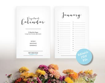 Printable Perpetual Birthday Calendar - Chic Anniversary Planner (PDF)