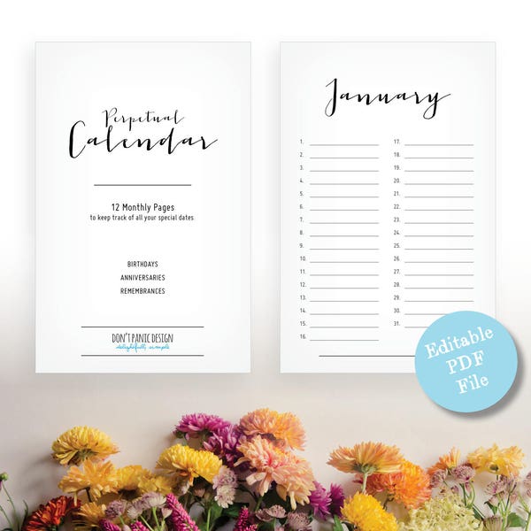 Simple Fun Perpetual Calendar - Birthday Calendar - Anniversary Calendar - Eternal Planner - Instant Download PDF