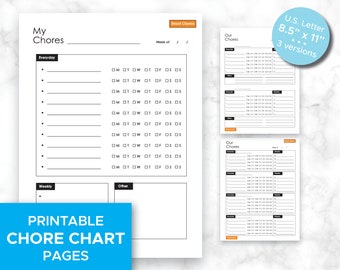 May include: Printable chore chart pages in black and white. The chart is designed for a week and includes sections for everyday, weekly, and other chores. The chart is 8.5 inches by 11 inches and comes in three versions.