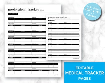 Editable Medication and Procedure Tracker, Printable Medical History (PDF)