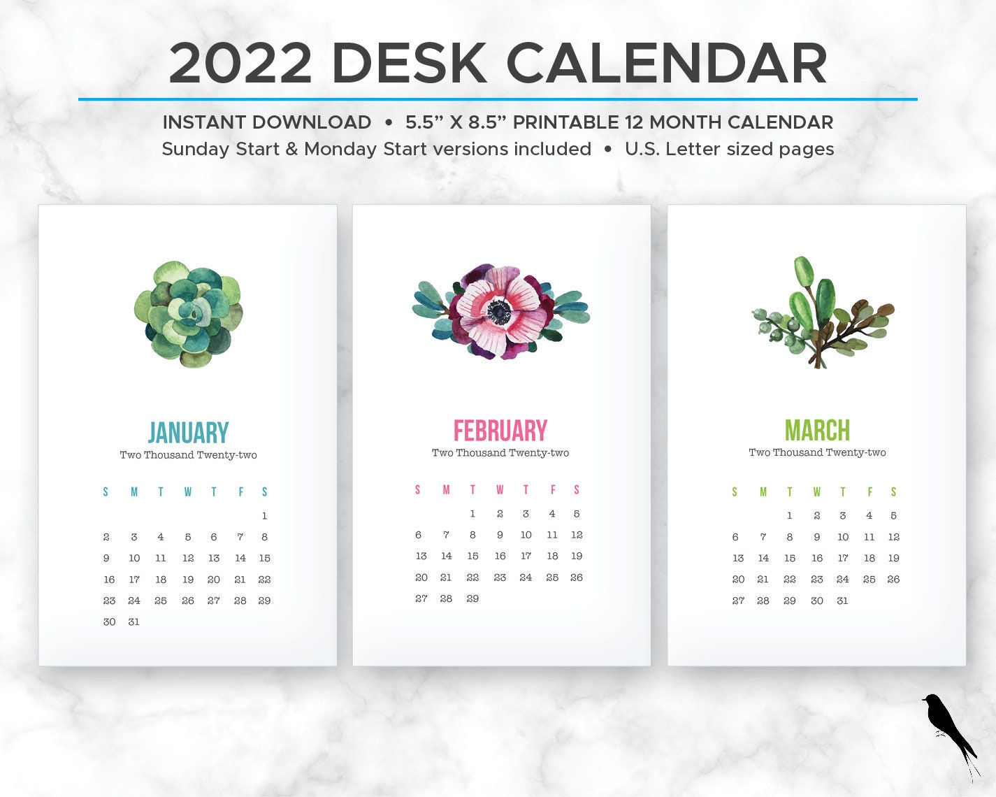 2022 Succulent Printable Monthly Calendar Succulent Desk | Etsy