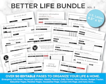 The Better Life Bundle, Editable, Printable Organizing Binder Pages, Modern Planner Pages, Perpetual Calendar, Home, Sitter, Chores, Medical