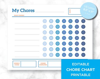 Printable, Editable, Chore Chart in Blues, Fun printable and Editable chart for daily & weekly chores with Reward chart