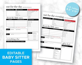 Editable Babysitter Information Pages, Day and Evening (Printable PDF)