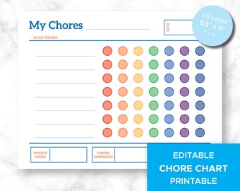 Printable, Editable, Chore Chart with rainbow colors, Fun printable and Editable chart for daily & weekly chores with Reward chart