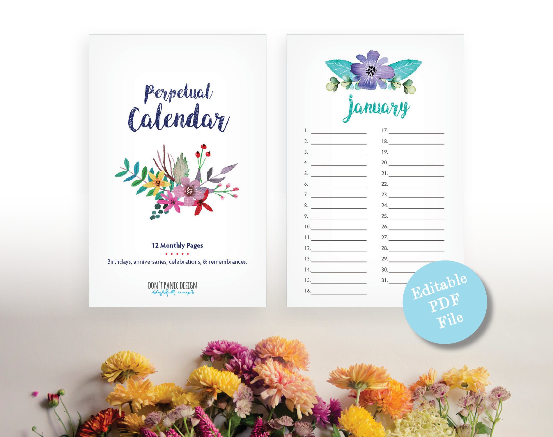 Printable Perpetual Calendar Watercolor Floral Birthday Calendar ...