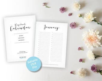 May include: A printable perpetual calendar template with a white background and black text. The template includes a page for birthdays, anniversaries, and other important dates, as well as a monthly calendar page for January. The text "Editable PDF File" is in a blue circle.