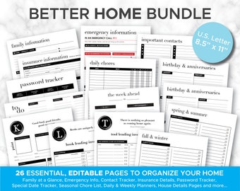 The Better Home Bundle: EDITABLE PDF Organizing Bundle, Printable Home Management Pages - Organize Home Binder Pages Details - Pdf Organizer