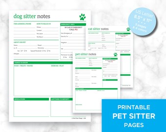 Printable Pet Sitter Notes, Dog, Cat, Multiple Pets (PDF)