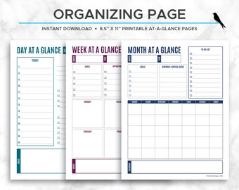 Printable At-a-Glance Planner Pages, Minimalist Daily, Weekly, Monthly (PDF)