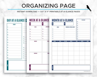 Printable At-a-Glance Planner Pages, Minimalist Daily, Weekly, Monthly Non-Dated Pages for Goal setting, Special Date Tracking & To-Do Lists