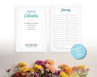 Printable, Editable PDF Perpetual Calendar, 4" x 6" Editable PDF Birthday, Anniversary Calendar, Eternal Planner PDF, special dates calendar