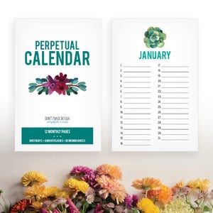 Printable Succulent Perpetual Calendar - Birthday Calendar - Anniversary Calendar - Colorful Eternal Planner - Instant Download PDF