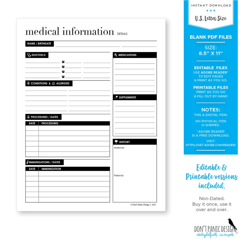 EDITABLE Medical Information Page, Printable Medical Management Pages, Organize Medical Details General & Details, Personal Medical History image 3