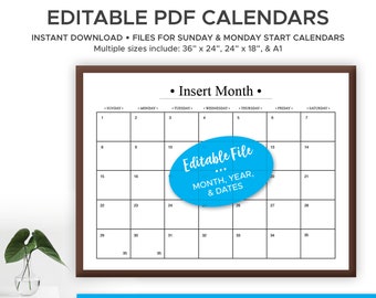 Printable Non-Dated Large Wall Calendar - Editable PDF Calendar for Command Center Calendar, Office Calendar, Homeschool, Family Schedule