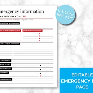 EDITABLE Emergency Information Page, Family Details, ICE, In Case of Emergency, Printable Home Management Pages, Family Binder