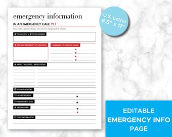 Printable Emergency Information Sheet, Family Binder (Editable PDF)