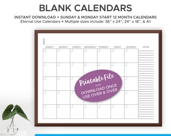 Printable Blank Large Wall Calendar with Notes section, Office calendar, Family Command Center, Home school calendar, Sunday & Monday Start