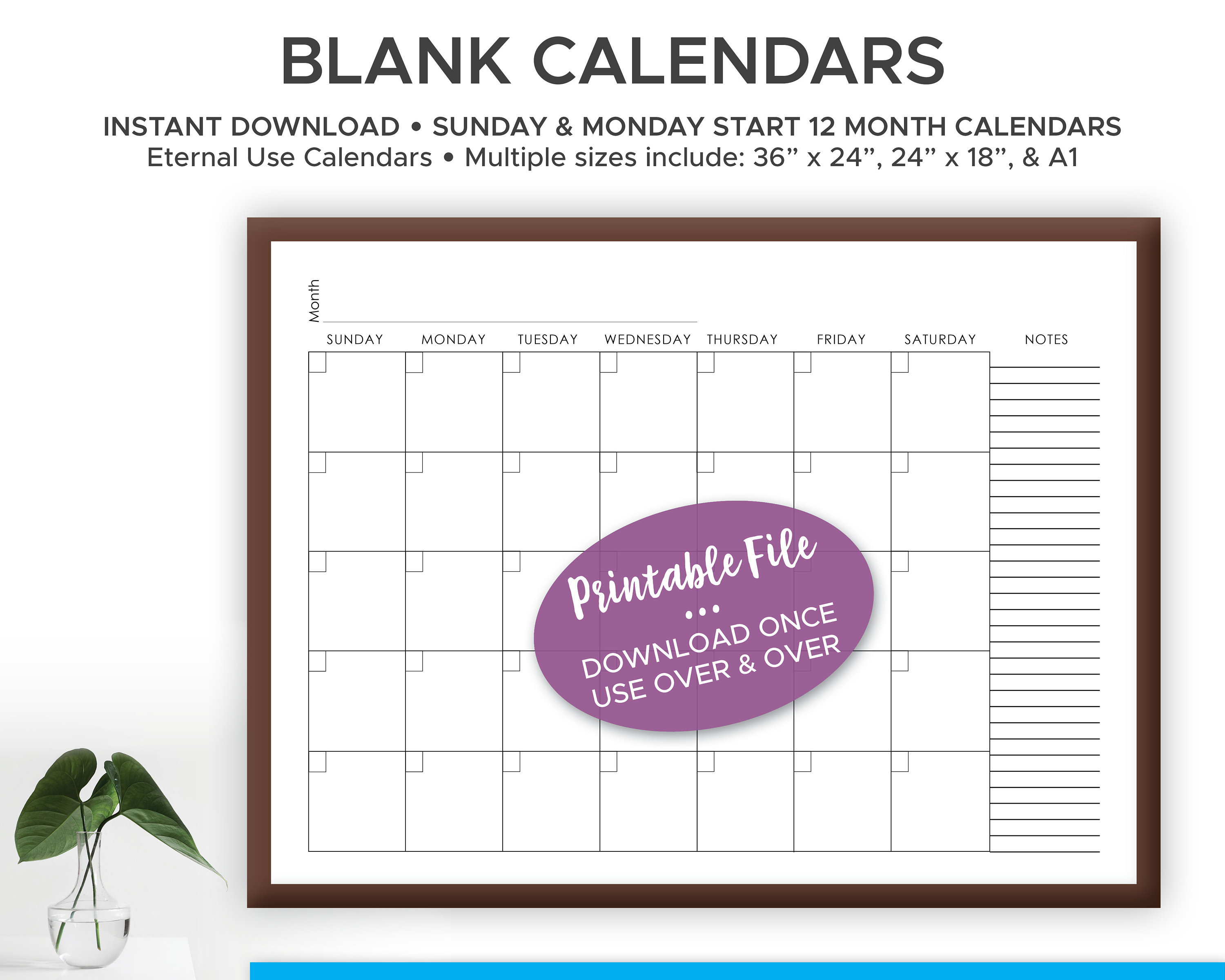 printable blank large wall calendar with notes section office etsy