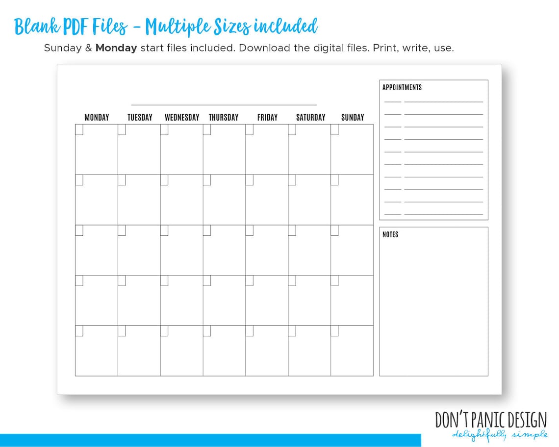 Large, Blank, Printable Wall Calendar, Perpetual Office Calendar ...