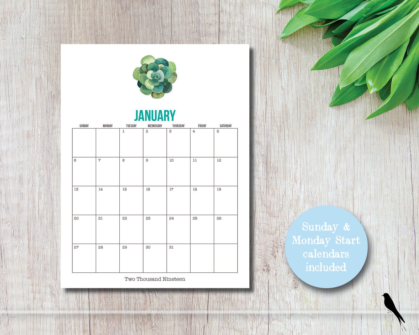 2019 Succulent Printable 12 Month Wall Calendar Fun Cactus